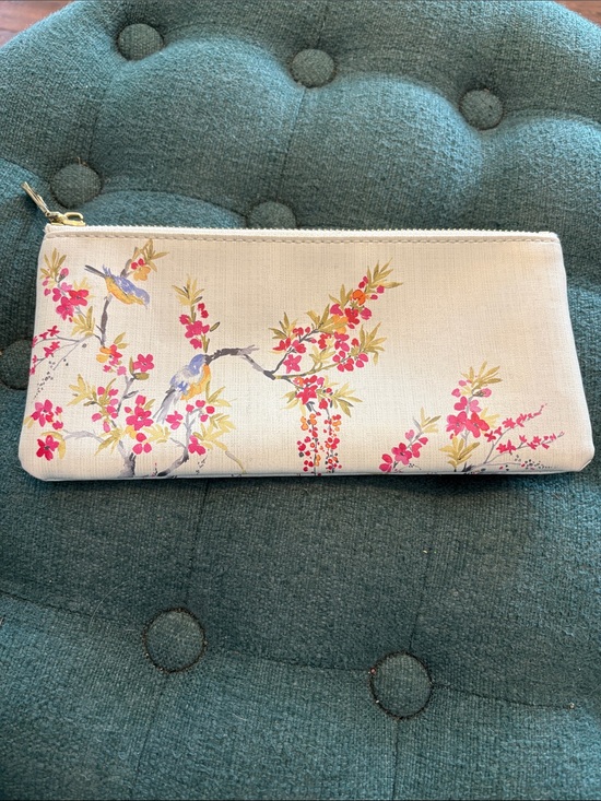Handbags - Floral Bird Canvas Zip Pouch - Cream with Pink Accents